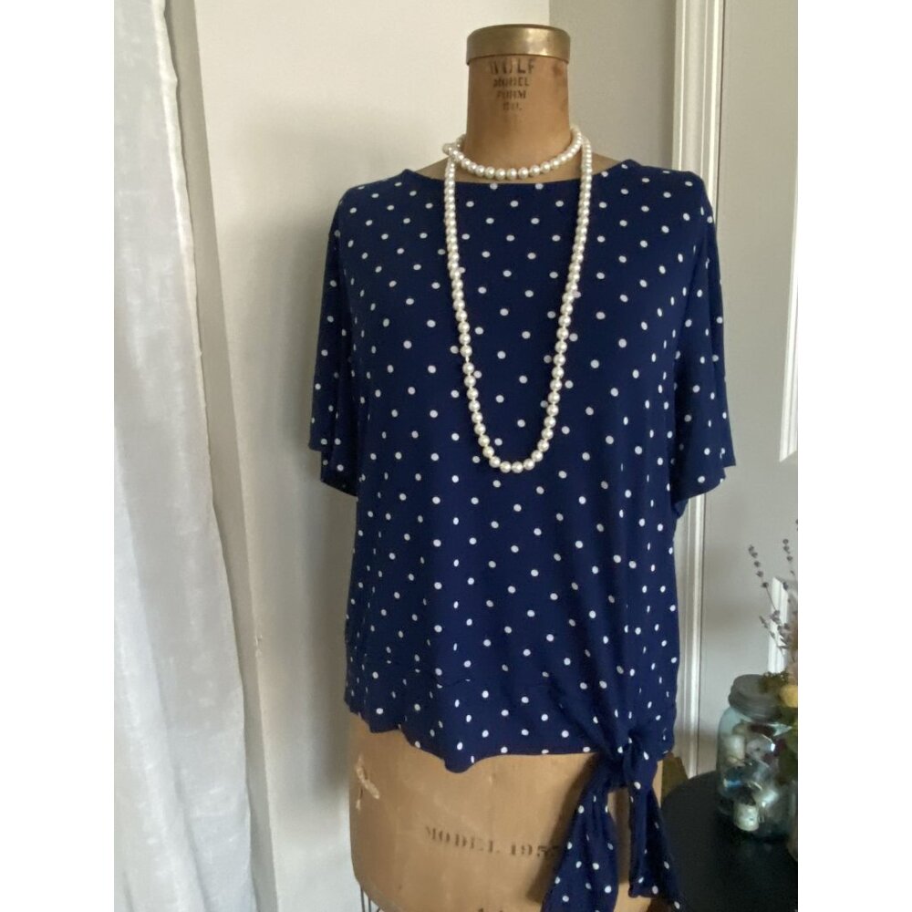 TALBOTS Navy Blue White Polka Dots Short Sleeve Bottom Hem Tie Top XL